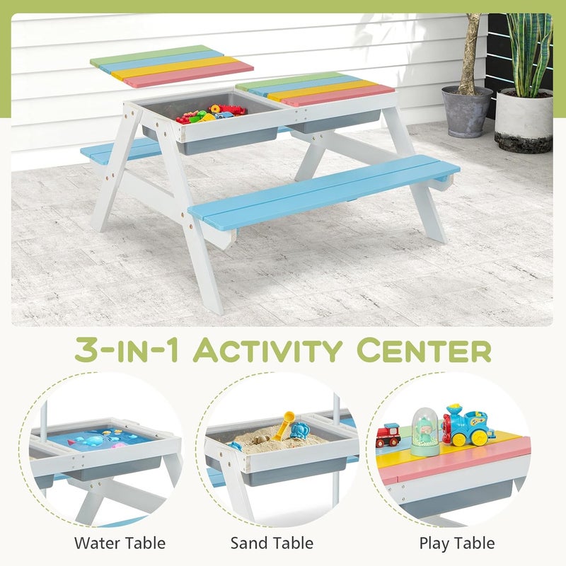 Olakids Kids Picnic Table, 4 in 1 Outdoor Toddler Sand Water Wooden Table and Chair Set with Removable Umbrella, Children Activity Furniture Bench Set for Patio Garden Backyard - Image 3